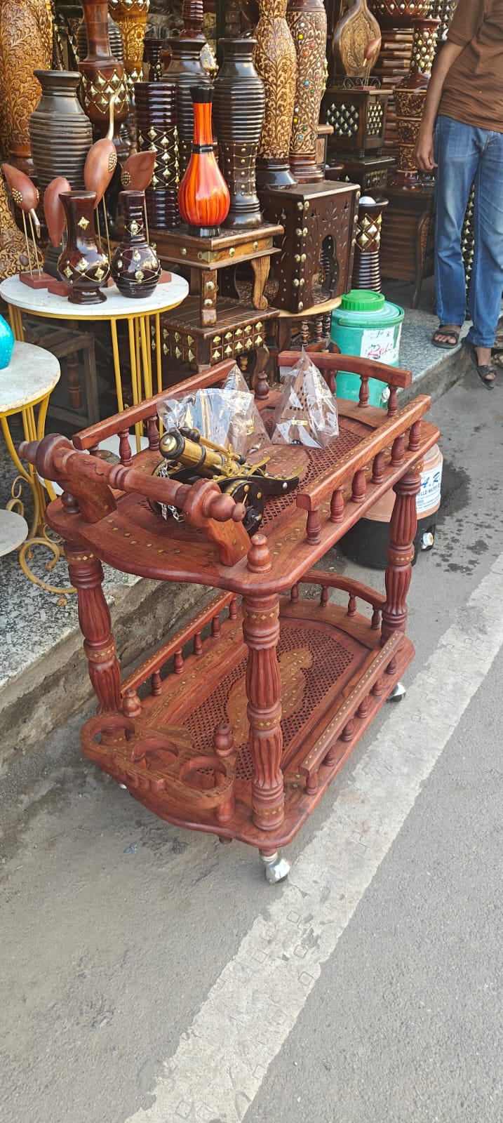 handcrafted Sheesham wood service and bar trolley
